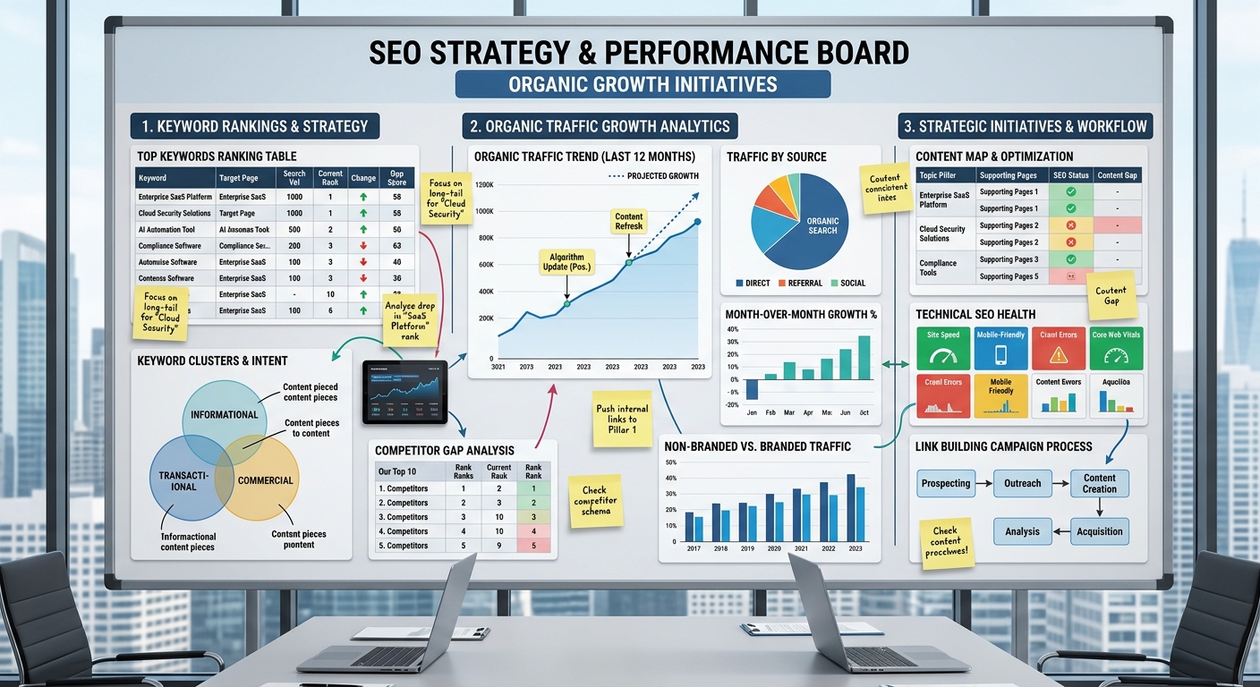 Search engine optimization strategy board with keyword rankings and organic traffic growth analytics
